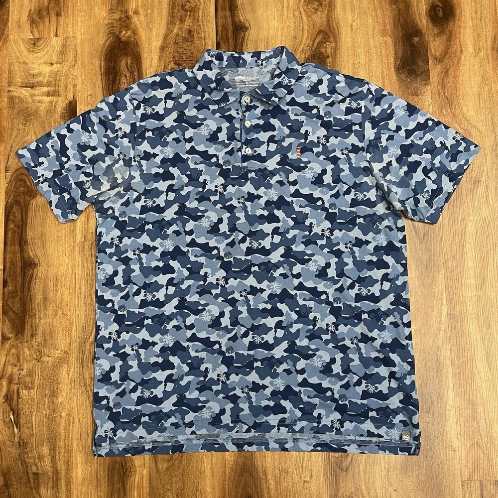 Peter Millar Seaside Polo Shirt Mens XL Blue Camo Floral Pima Cotton AOP